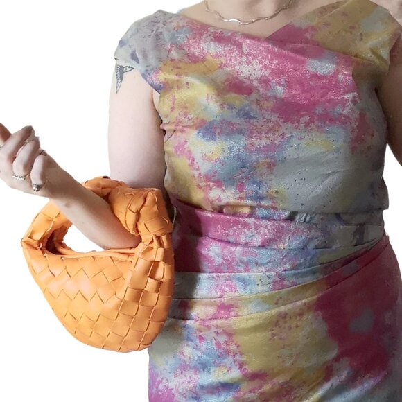 Flattering Teri Jon by Rickie Freeman Silver & Colourful Dress Size 12 - Picture 7 of 16